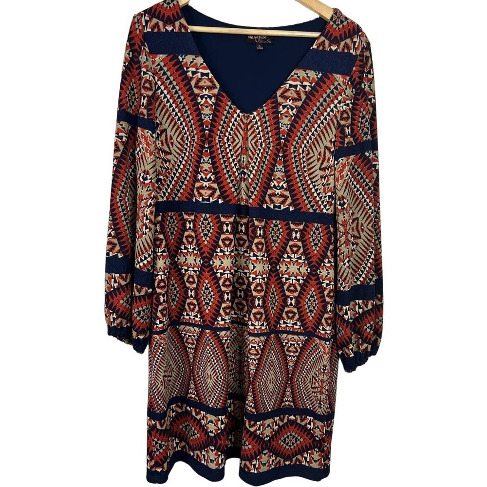 BOHO HIPPIE Woman's LARGE Tribal Indie Print Long Sleeve Lined SHIFT Dress